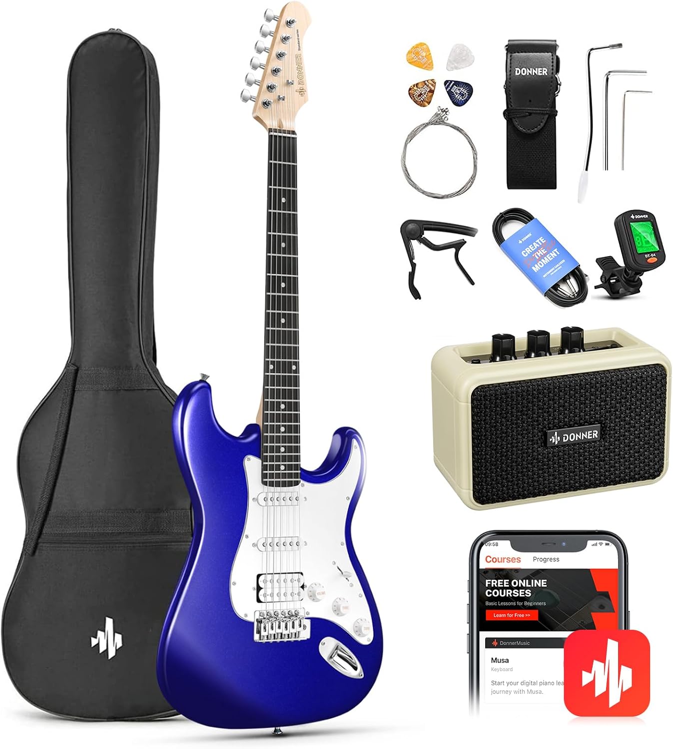 Donner 39-Inch Electric Guitar Starter Kit with Solid Body, HSS Pickup, Accessories, Amplifier, Lessons, and Digital Tuner – Sapphire Blue