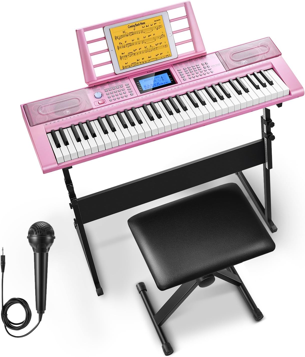 Donner Keyboard Piano 61 Key, Electric Keyboard Kit w 249 Voices, 249 Rhythms – Includes Piano Stand, Stool, Microphone, Gift for Beginners, Pink