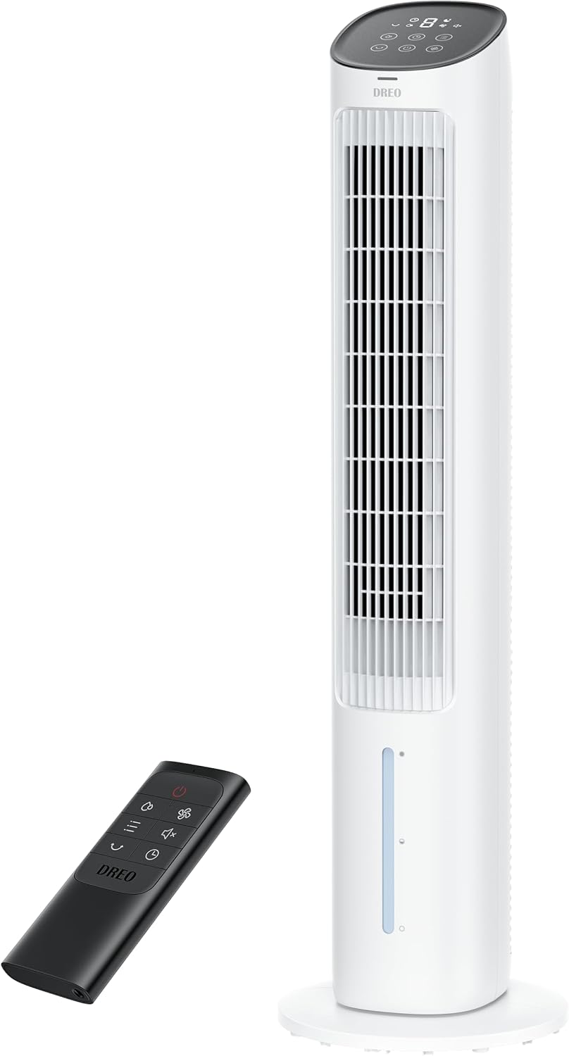 Dreo 40″ Evaporative Air Cooler Tower Fan, Cold Air Bladeless Fan w/ 80° Oscillation, Remote, 7H Timer – White