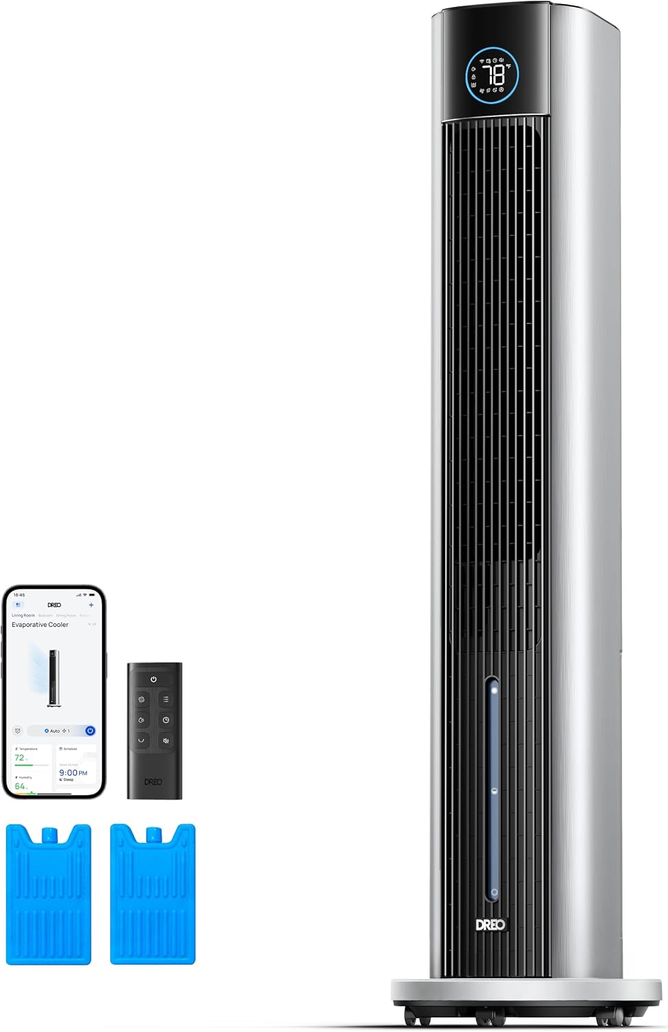 Dreo 43″ Evaporative Air Swamp Cooler, 2025 Upgraded Cooling Fan with Cold Air, 85° Oscillation, APP Control, 4 Modes & 12H Timer – Silver