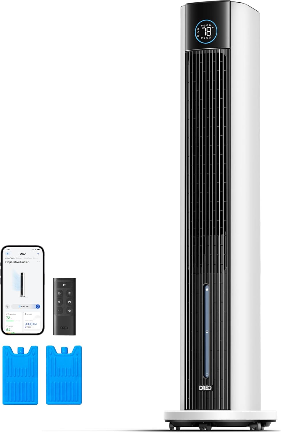 Dreo 43″ Evaporative Air Swamp Cooler, 2025 Upgraded Cooling Fan with Cold Air, 85° Oscillation, APP Control, 4 Modes & 12H Timer – White