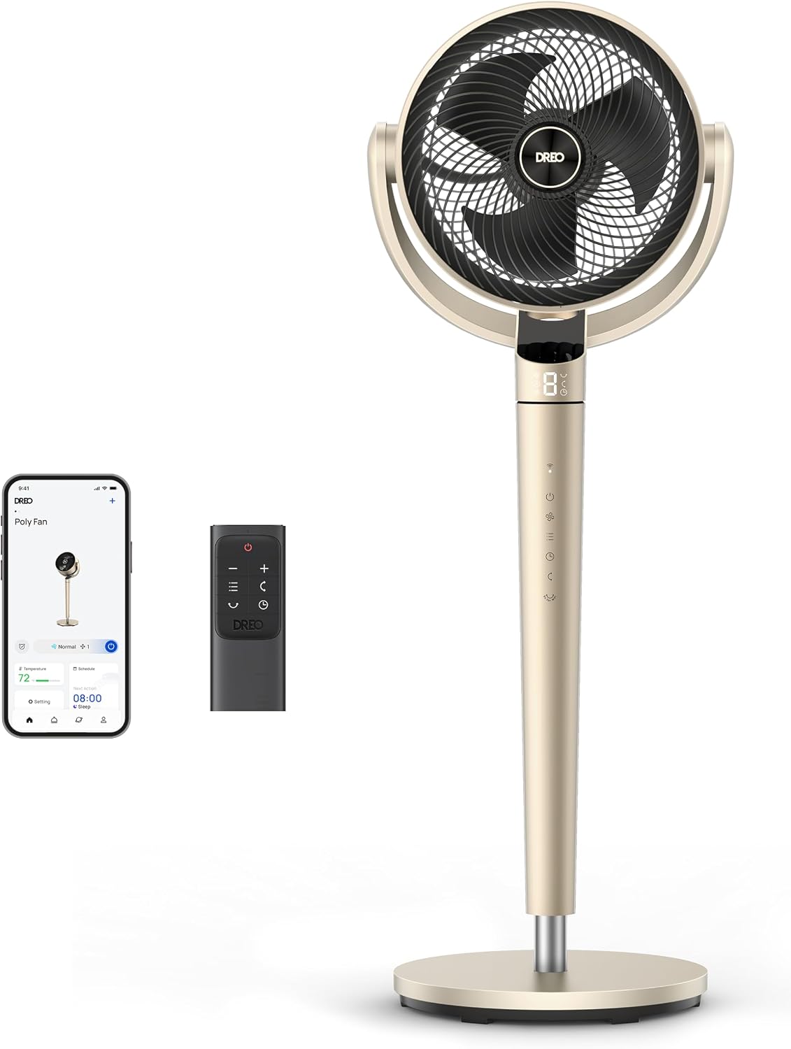 Dreo 43″ Smart Pedestal Fan Gold, Quiet DC Motor, 150°+120° Oscillation, 110ft Airflow, 9 Speeds, WiFi/Alexa