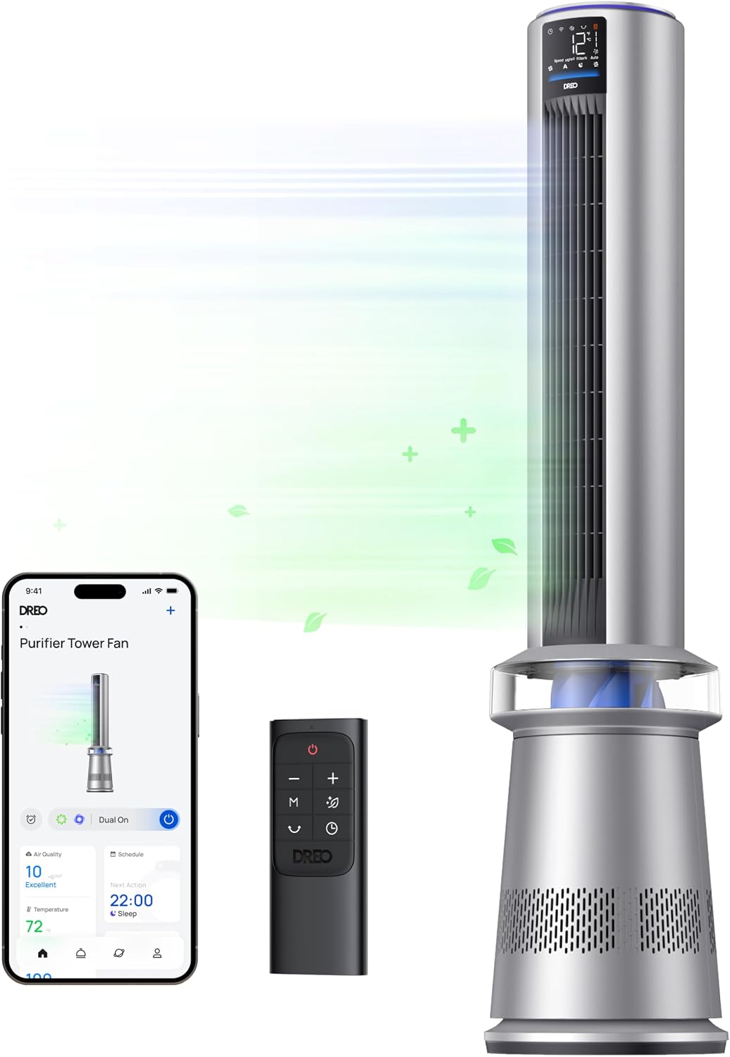 Dreo MC710S Air Purifier Tower Fan, 45″ 2-in-1 Bladeless Smart Fan, 120° Oscillation, Quiet 25dB, Alexa – Silver Blue
