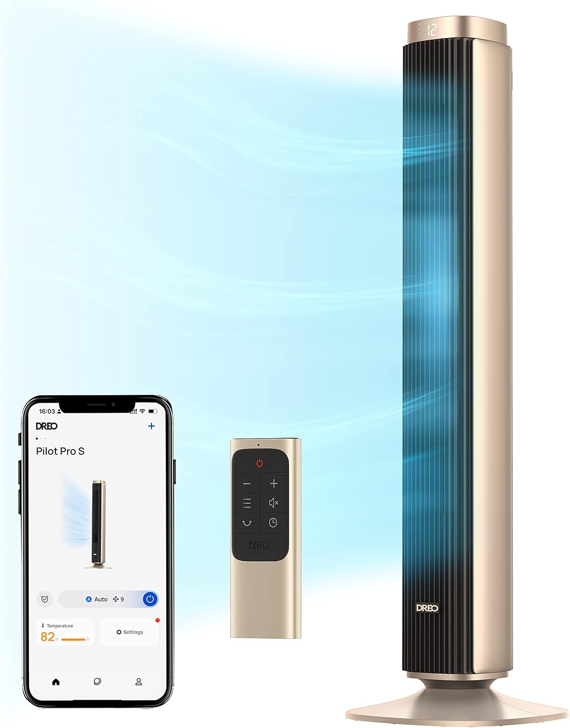 Dreo Pilot Pro S Tower Fan – 42″ Oscillating Standing Fan, 40ft Airflow, Ultra-Quiet 25dB, 12 Speeds, Smart Control, 12H Timer – Gold