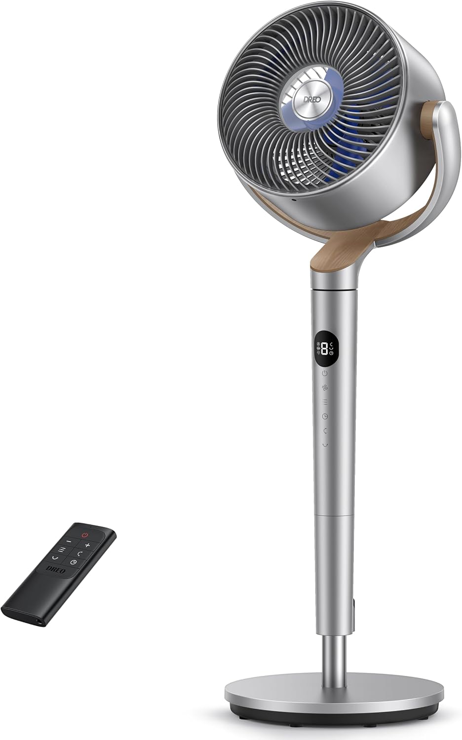 Dreo PolyFan 502 Standing Fan, Quiet DC Motor, 120°+120° Oscillation, 85ft Airflow, Remote, 8 Speeds, 3 Modes, 8H Timer – Silver
