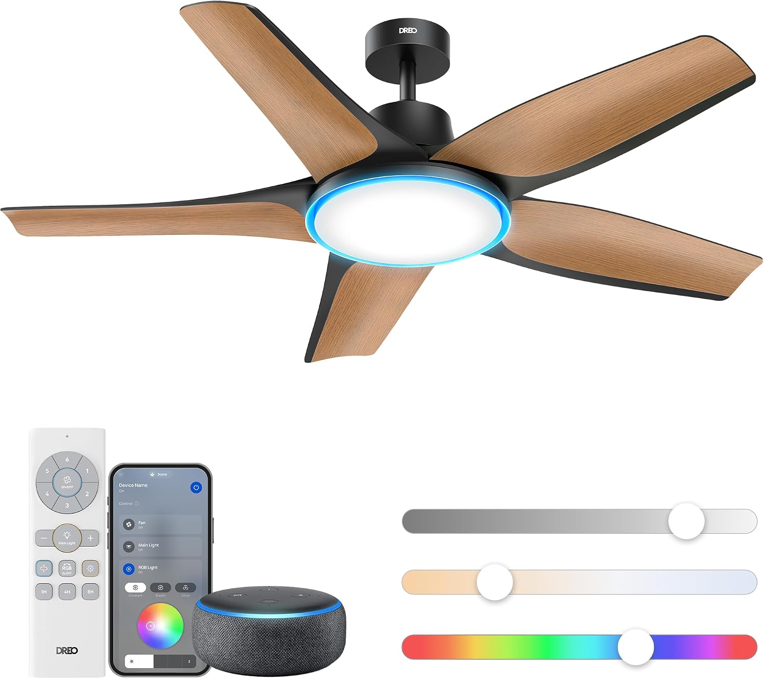 Dreo Smart Ceiling Fans with Lights, Low profile Ceiling Fan with Alexa/App, 52” Dimmable Lighting & Color Tuning, RGB Ambient Light, Black