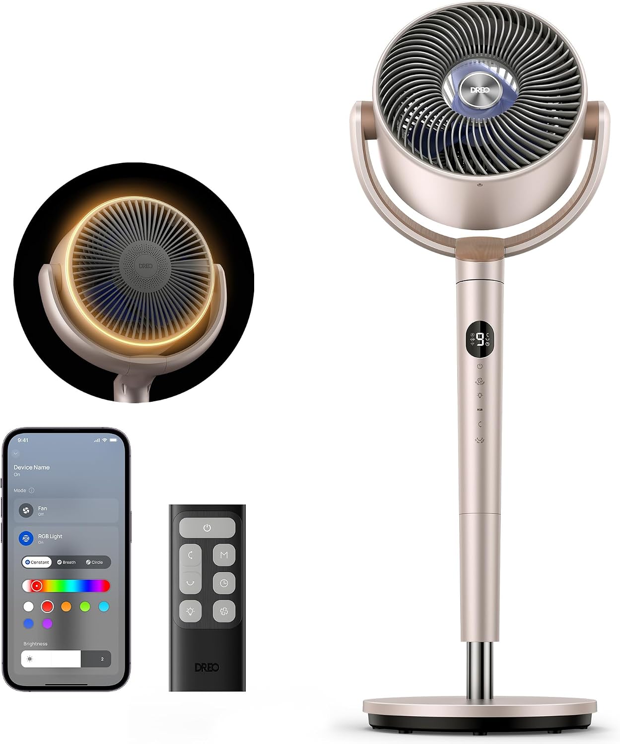 Dreo Smart Pedestal Fan, Quiet 37-42” Floor Fan for Bedroom with Remote, 120°+120° Oscillation, Wi-Fi/Voice/Alexa – Starlight
