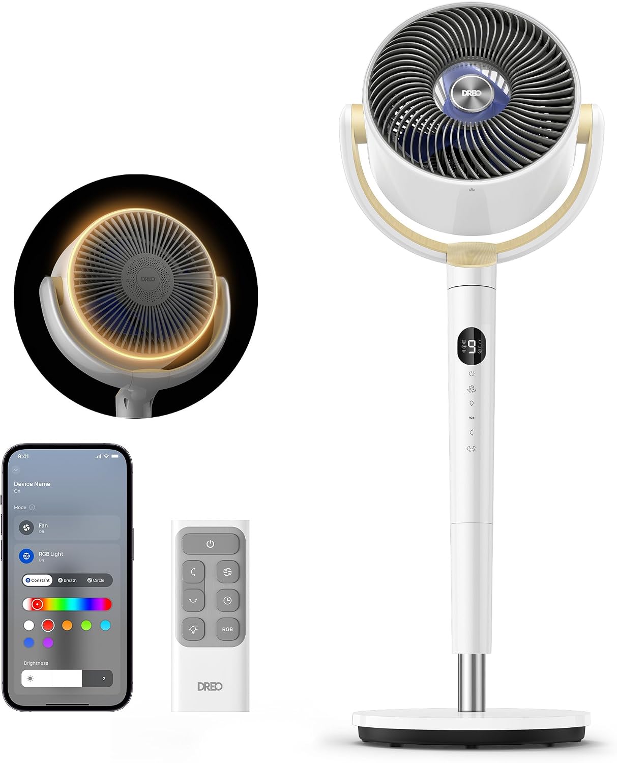 Dreo Smart Pedestal Fan, Quiet 37-42” Floor Fan for Bedroom with Remote, 120°+120° Oscillation, Wi-Fi/Voice/Alexa – White