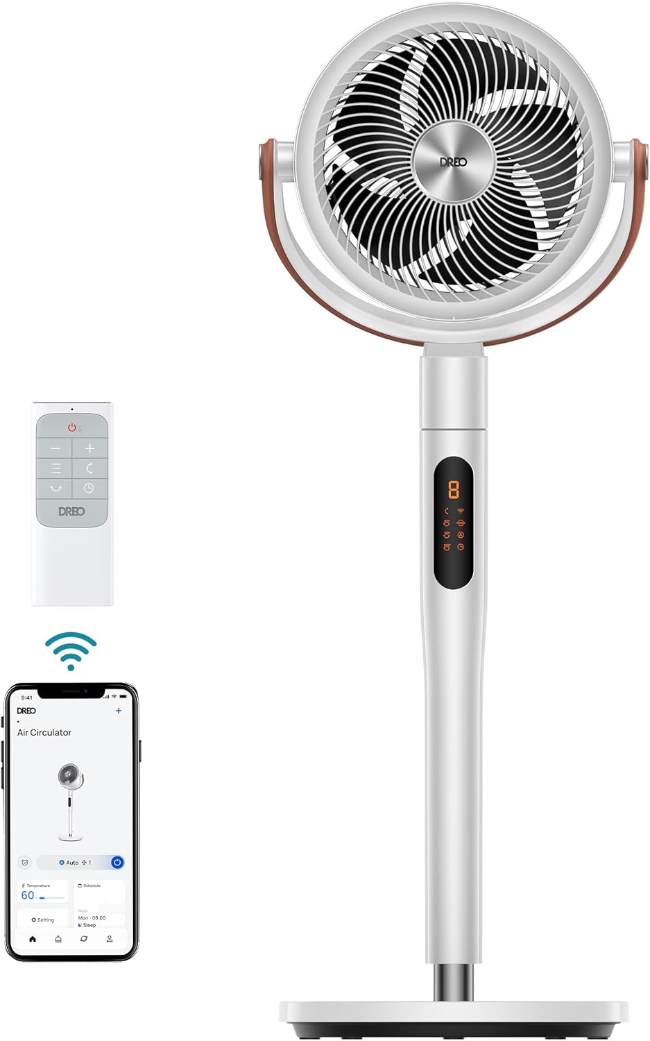 Dreo Smart Standing Fan, 37-43” Quiet Floor Fan for Bedroom, 100ft Airflow, 120°+105° Oscillation, Wi-Fi/Voice/Alexa, 6 Modes, 8 Speeds – White