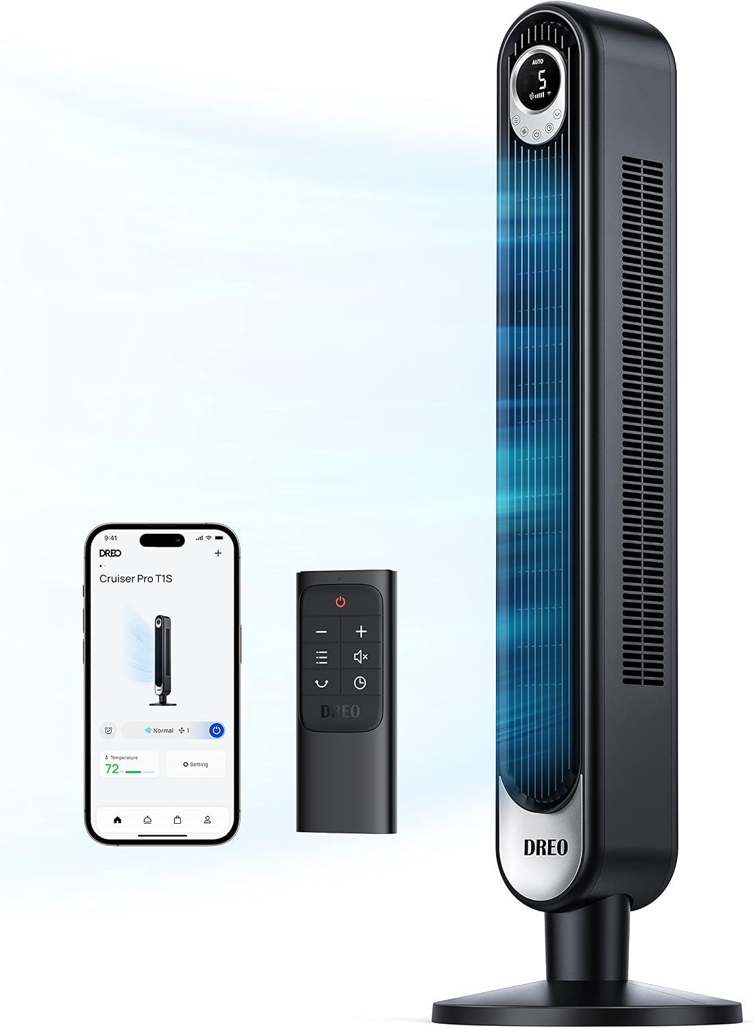 Dreo Smart Tower Fan with Alexa/Google, Quiet Bladeless Cooling, 6 Speeds, 4 Modes & Remote for Home Office Comfort, Smart WiFi – Black