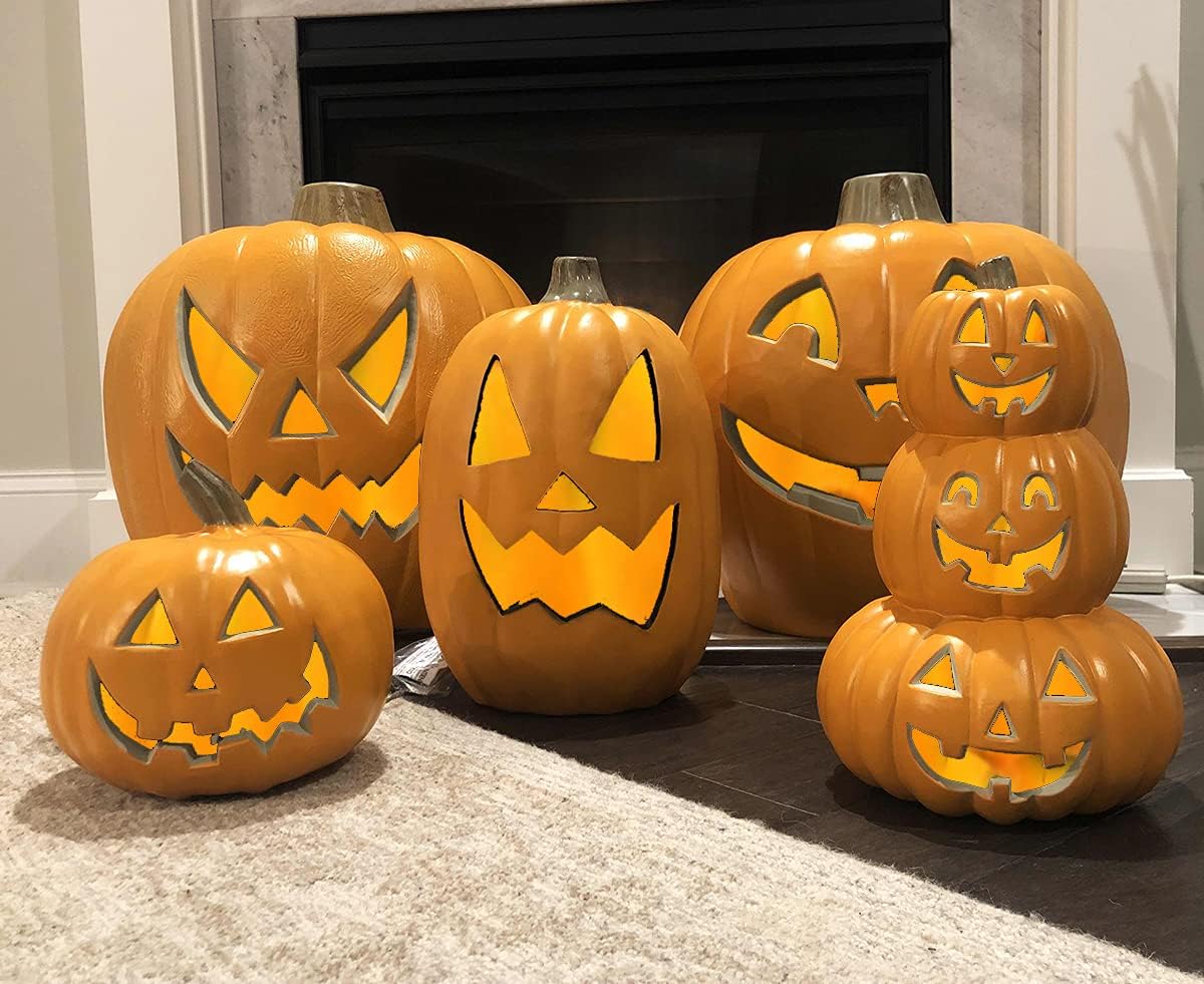 DUNCHATY Halloween Jack o Lanterns Light Up Pumpkin Decorations – Lighted Pumpkin Set with LED Bulbs – Indoor/Outdoor Set of 5