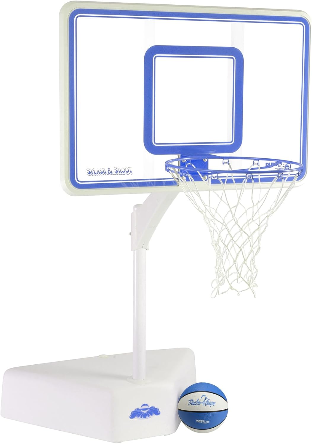 Dunn-Rite Splash & Shoot Outdoor Adjustable Height Swimming Pool Basketball Hoop w/Ball, Base & 18 Inch Stainless Steel Rim, Clear & Blue