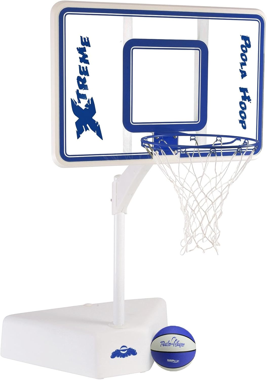 Dunn-Rite Splash & Shoot Outdoor Adjustable Height Swimming Pool Basketball Hoop w/Ball, Base & 18 Inch Stainless Steel Rim, Clear Xtreme & Blue