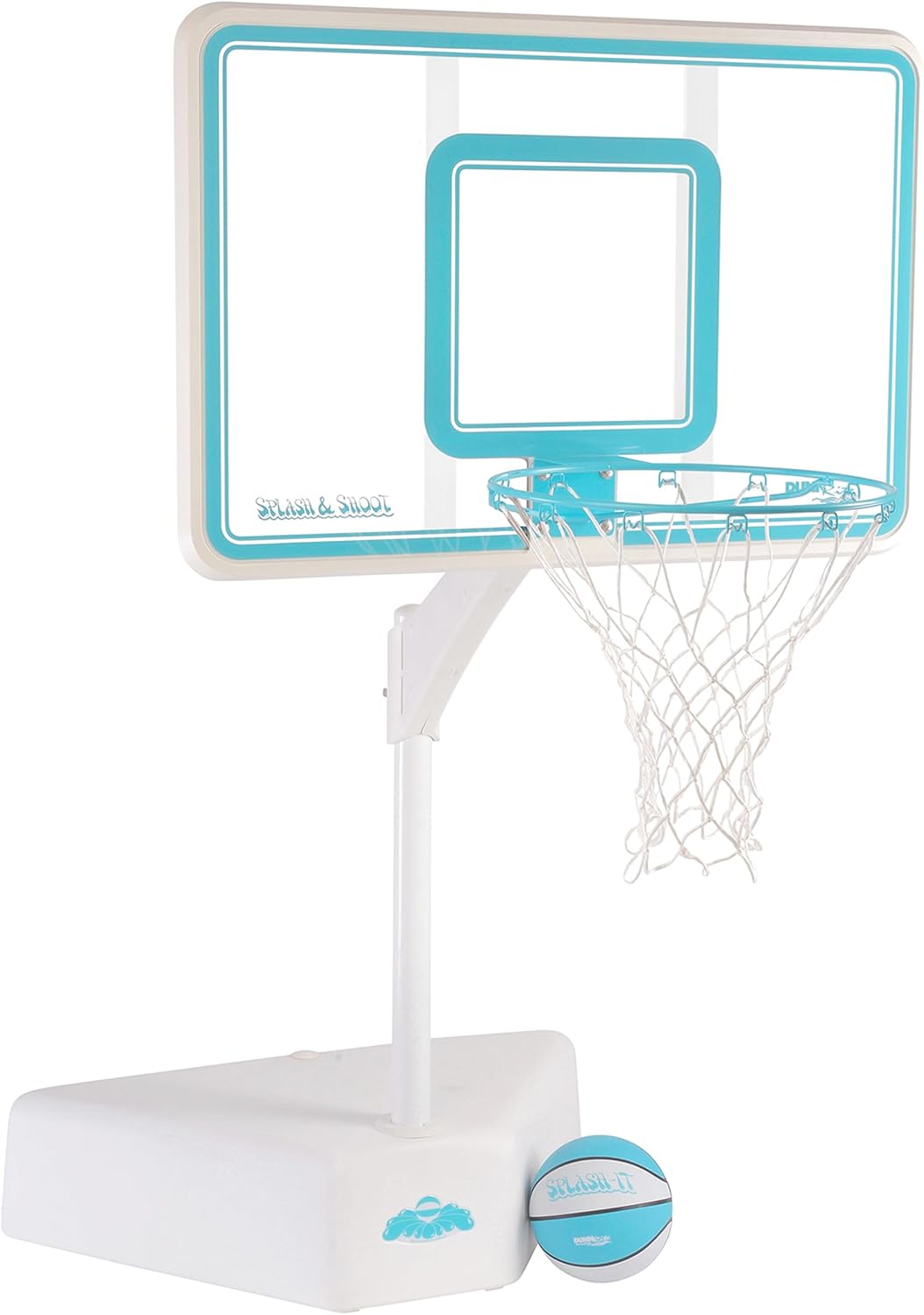 Dunn-Rite Splash & Shoot Outdoor Adjustable Height Swimming Pool Basketball Hoop w/Ball, Base, & 18 Inch Stainless Steel Rim, Clear