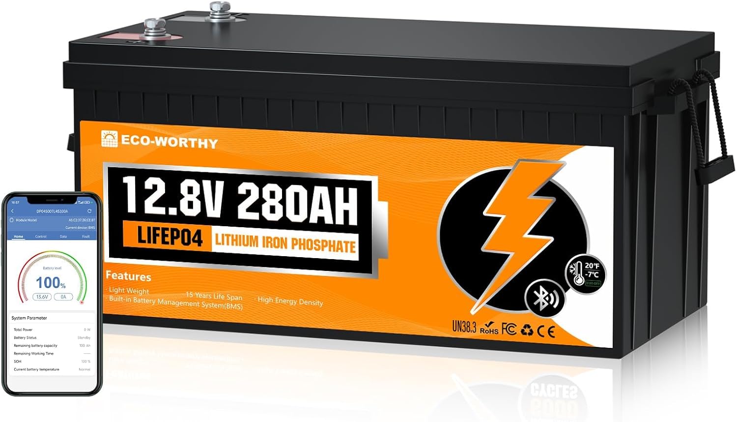 ECO-WORTHY 12V 280Ah LiFePO4 Battery, 3584Wh, 200A BMS, Bluetooth & Low Temp Cutoff, Deep Cycle Lithium for RV, Camper, Solar