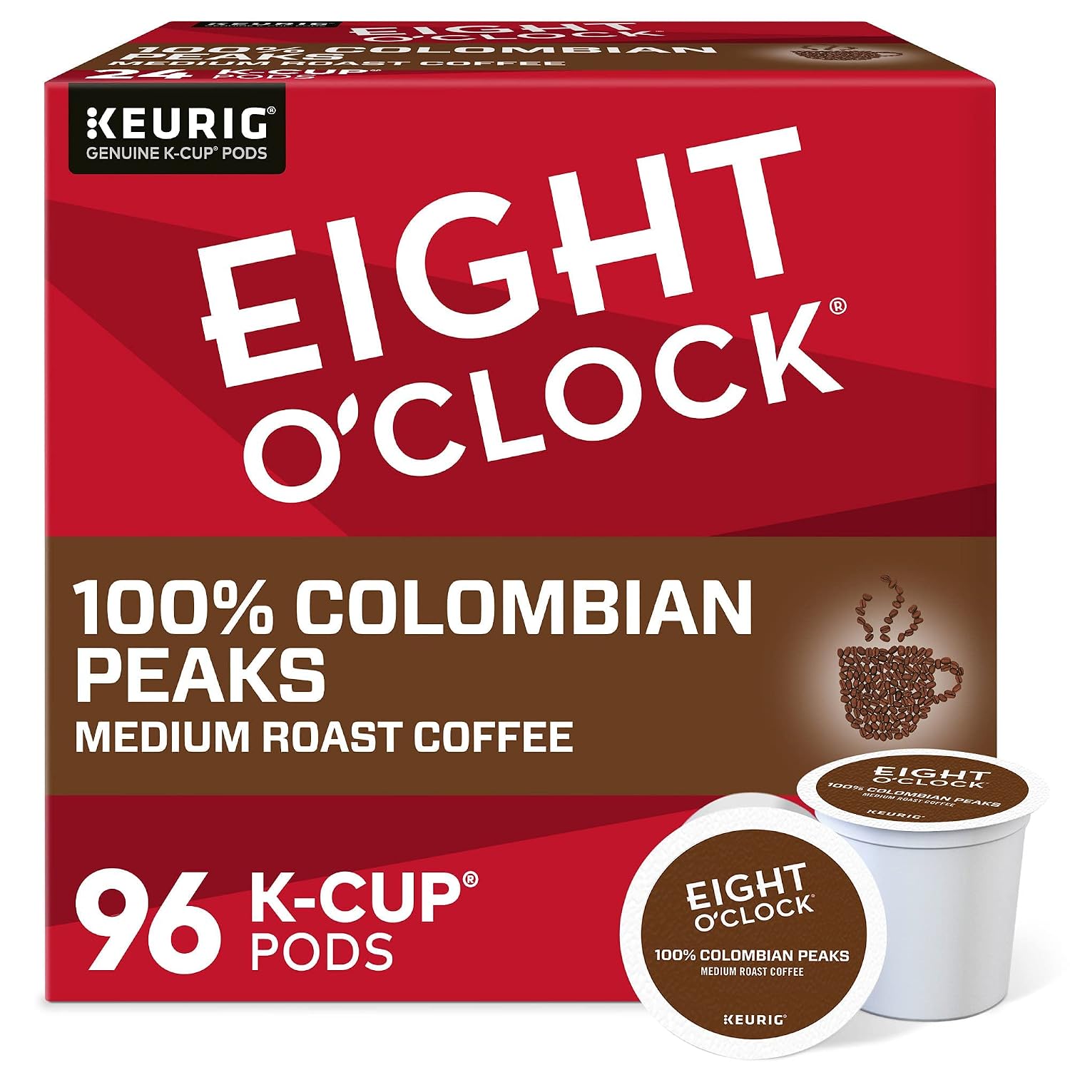 Eight O’Clock Coffee Colombian Peaks Single-Serve Keurig K-Cup Pods, Medium Roast Coffee Pods, 24 Count (Pack of 4)