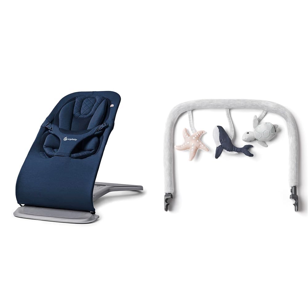 Ergobaby 3-in-1 Evolve Bouncer + Toy Bar Bundle – Midnight Blue