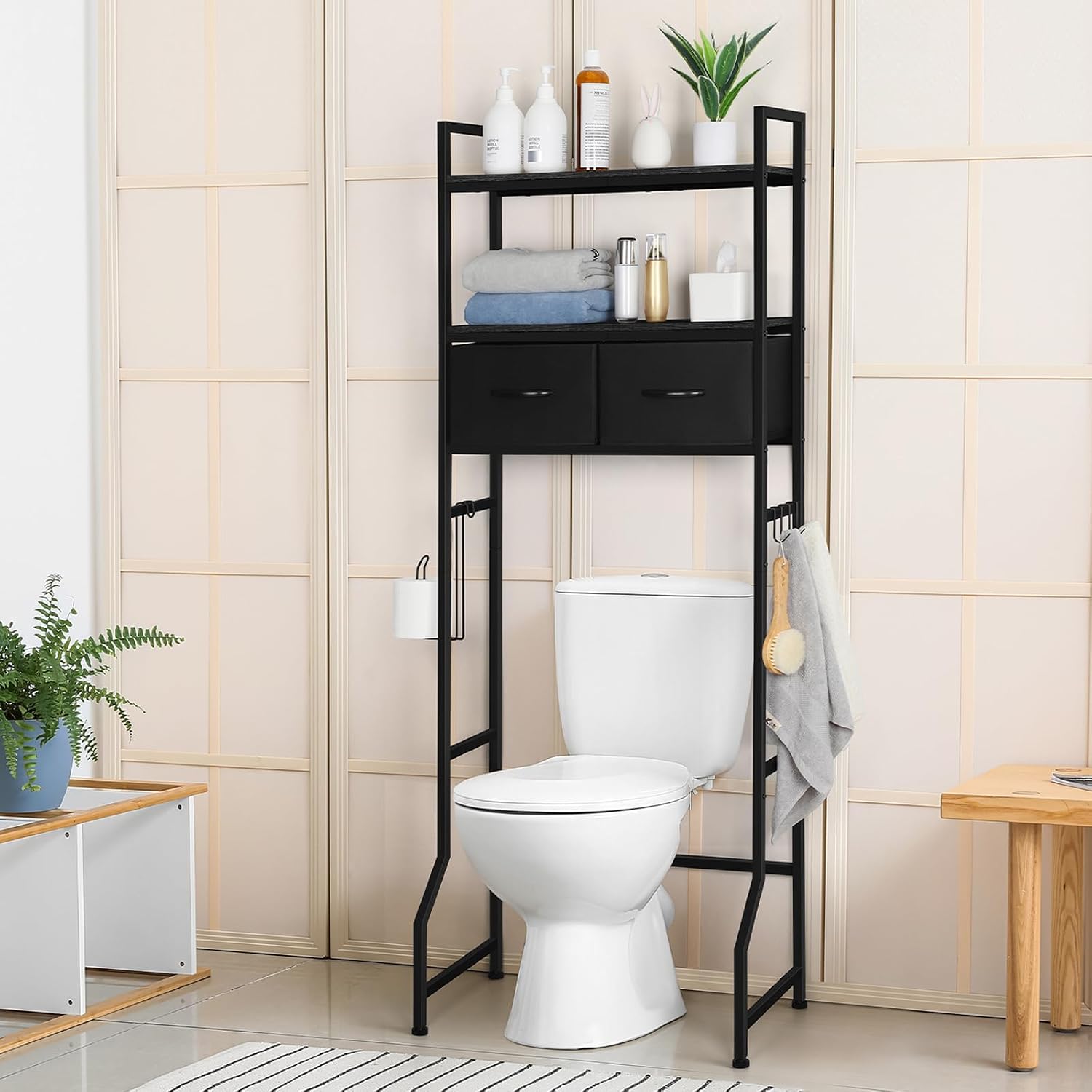 ETELI Over The Toilet Storage Cabinet with Fabric Drawers 3 Tier Bathroom Shelf Over Toilet Space – Black