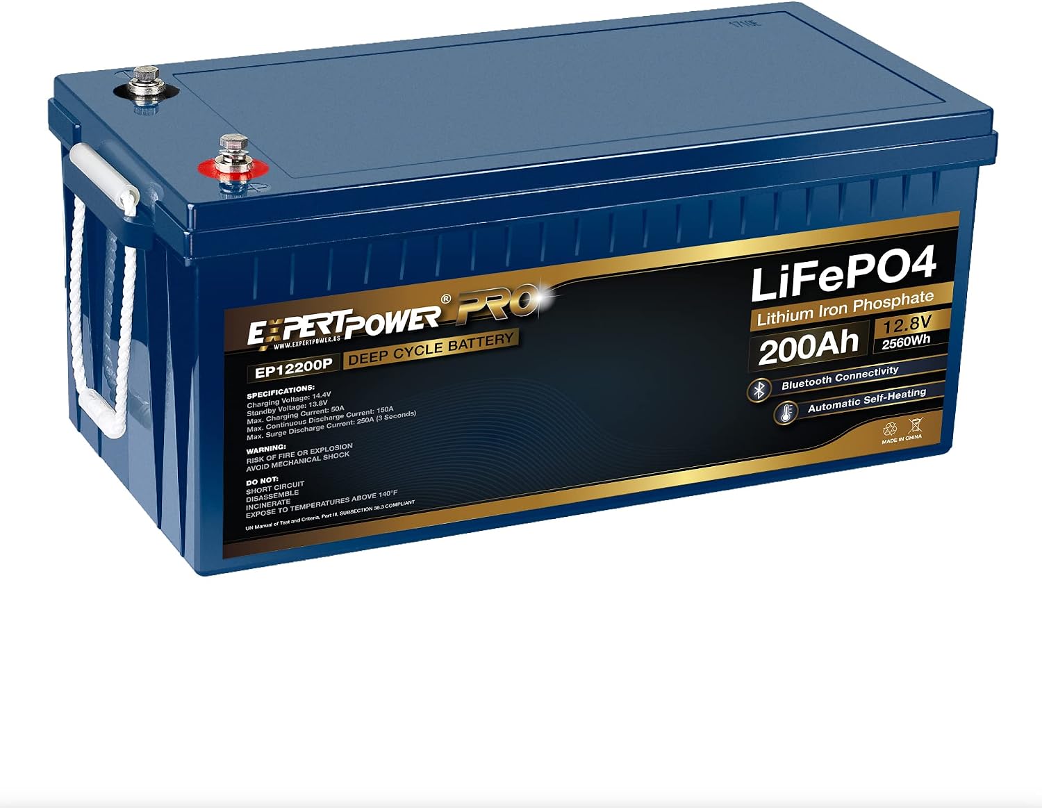 ExpertPower 12V 200Ah PRO LiFePO4 Battery, Bluetooth & Self-Heating, Built-in BMS, 7000 Cycles, 10-Year Lifespan, Solar, RV, Marine, Off-Grid