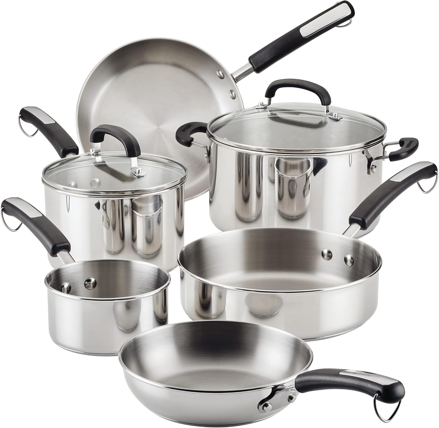 Farberware Brilliance 10 Pcs Stainless Steel Set with Cooking Tools and Glass Lids, Induction Compatible, Metal Utensil and Dishwasher Safe