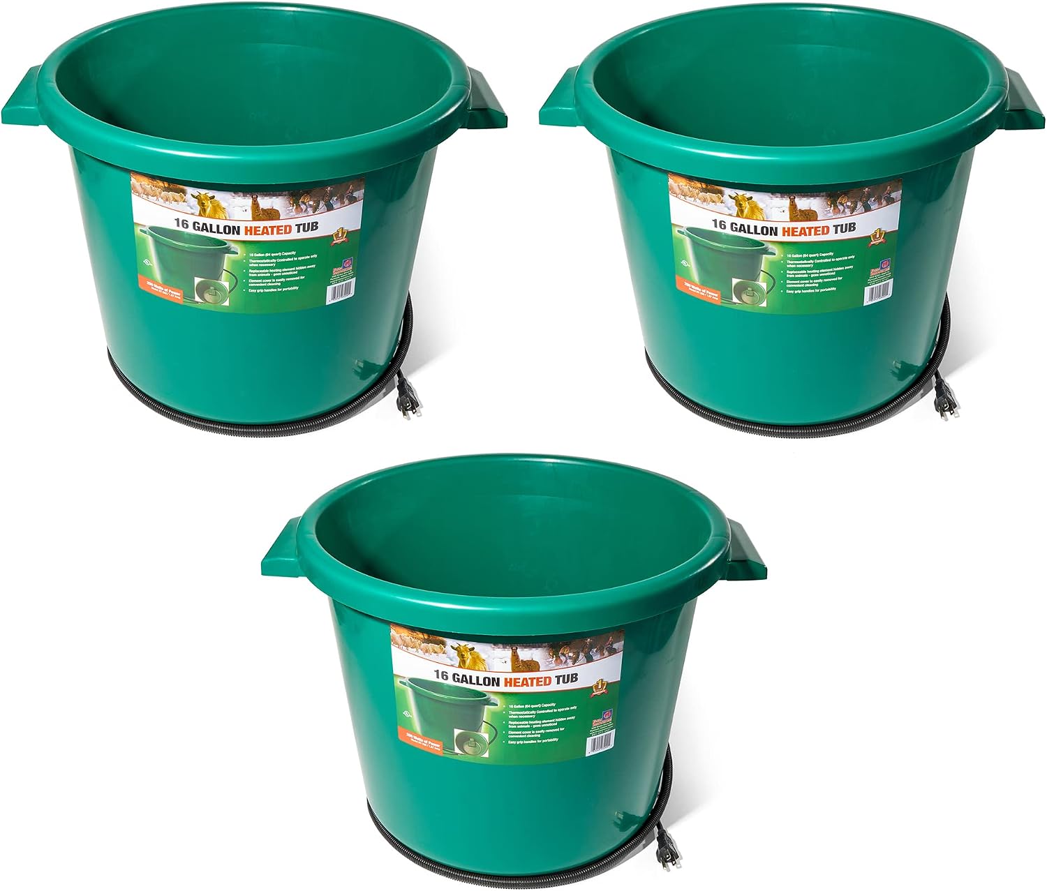 Farm Innovators HT-200 16 Gallon Plastic Heated Livestock Pet Farm Animal Water Bucket Tub with Hidden De-Icer Heating Element, Green (3 Pack)