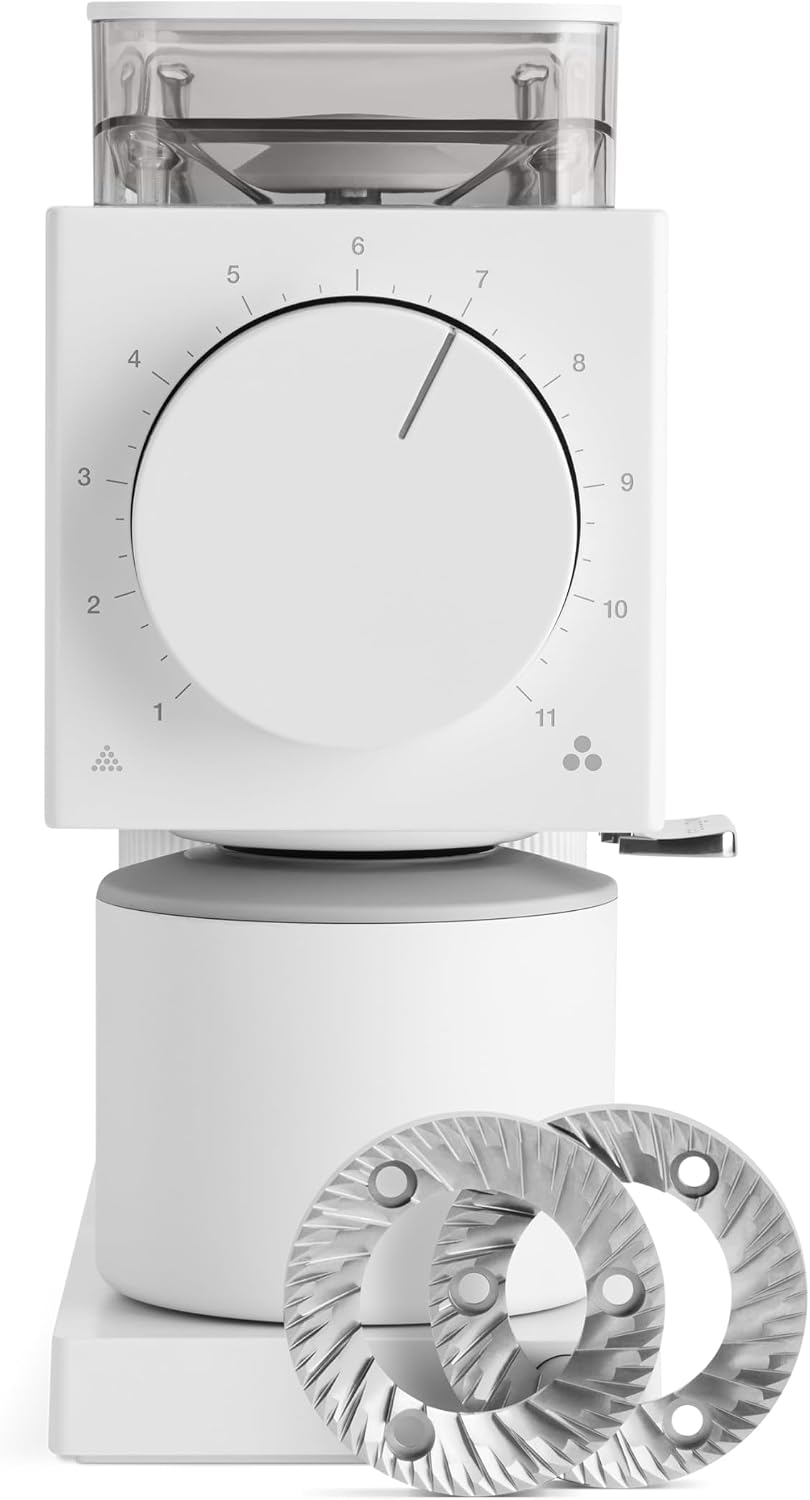 Fellow Gen 2 Ode Burr Coffee Grinder Electric with 31 Settings for Drip, French Press & Cold Brew – Small Footprint Electric Grinder – Matte White
