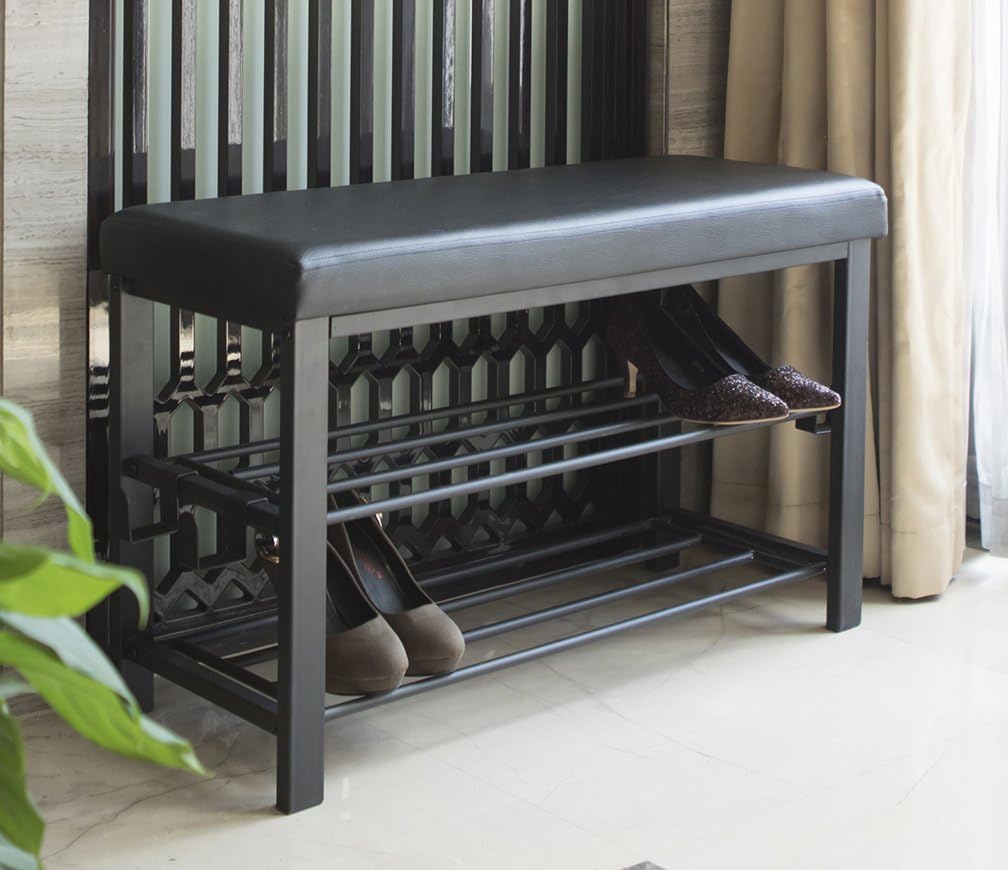 Finnhomy Entryway Shoe Rack with Cushioned Seat, Shoe Bench for Entry, Black