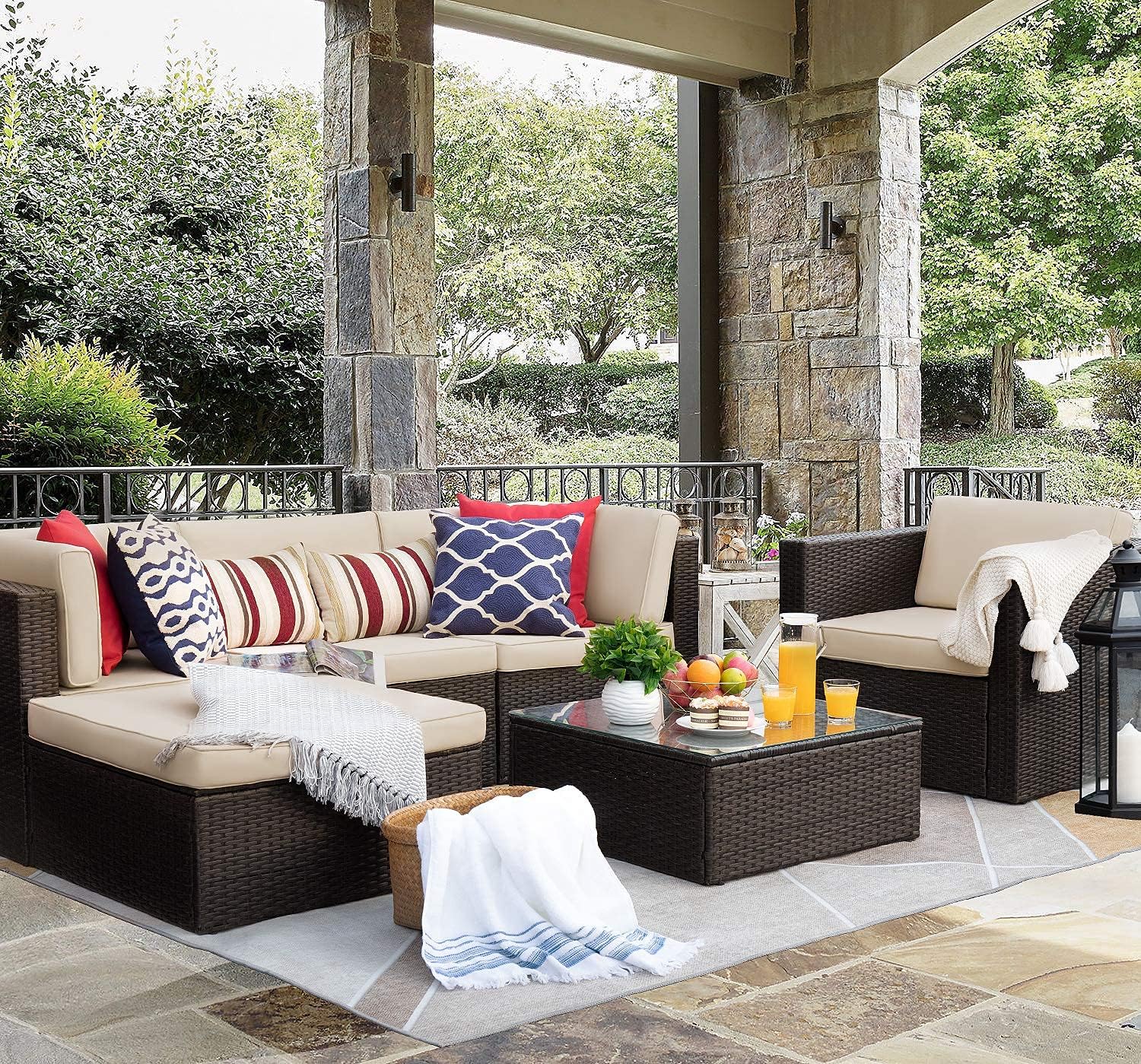 Flamaker 6 Pieces Sectional Outdoor Furniture Patio Sofa Conversation Set with Cushion and Table – Beige