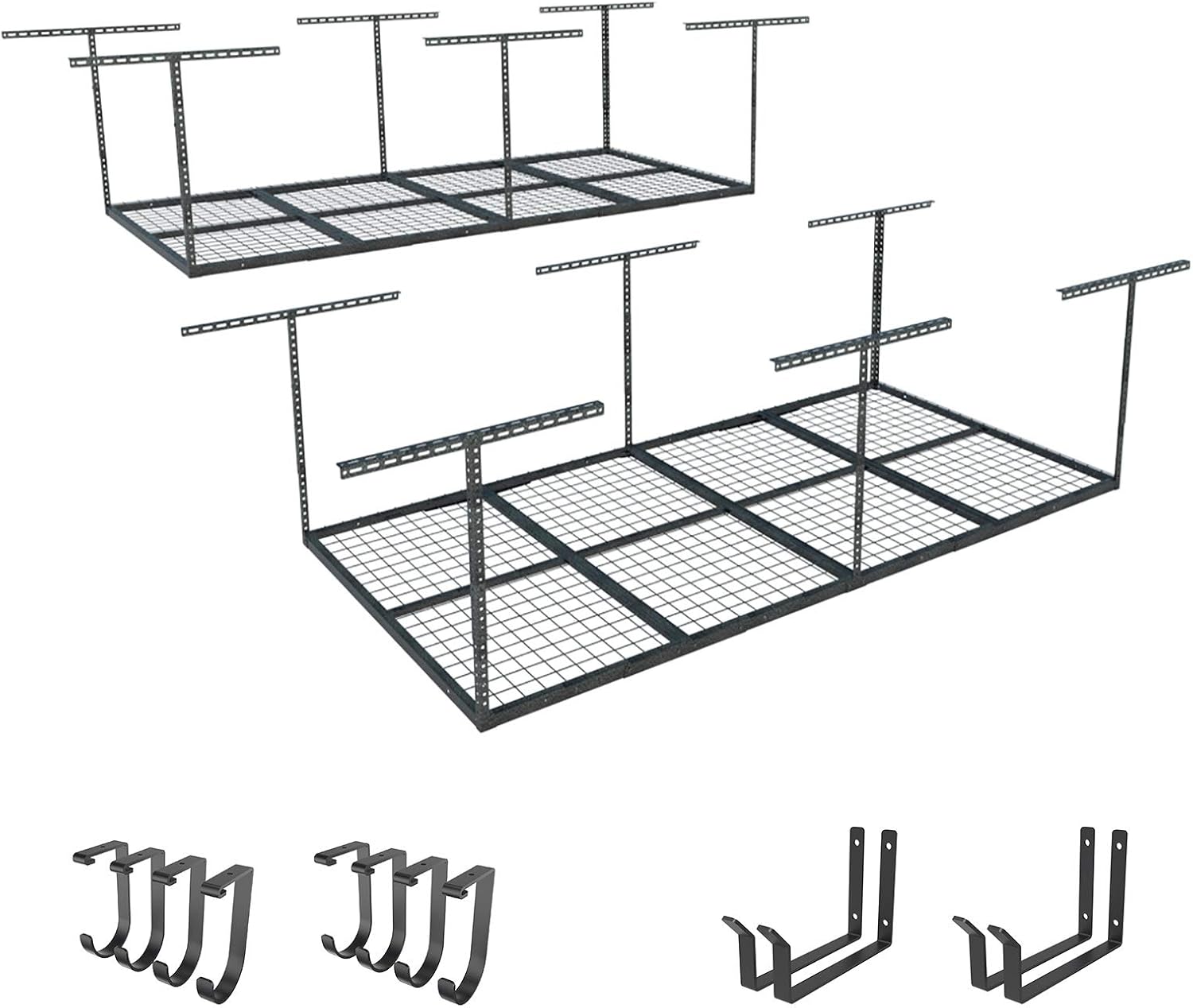 FLEXIMOUNTS 2-Piece Overhead Garage Storage Rack Set w/Hooks Adjustable Ceiling Storage Racks, 96″ Length x 48″ Width x 40″ Height, 2 Sets, Black