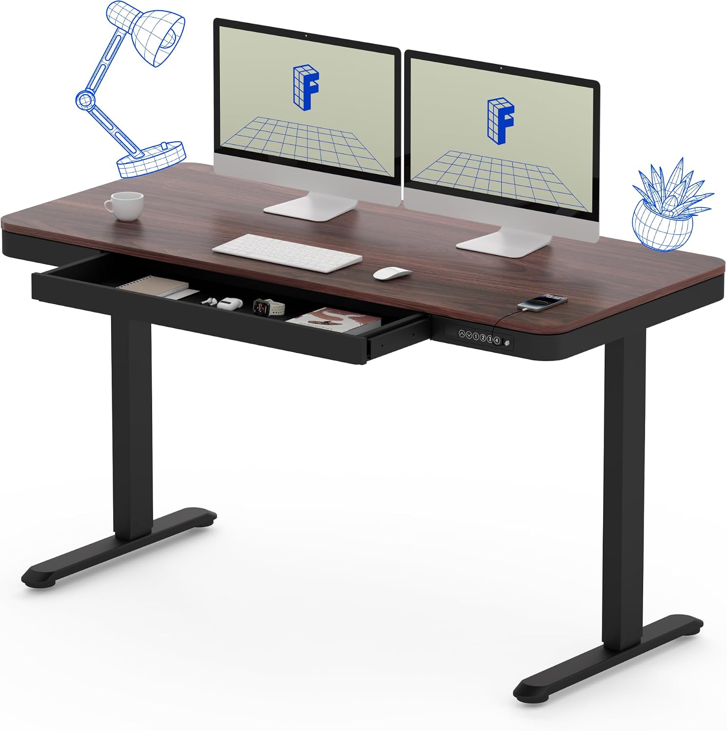 FLEXISPOT Comhar 55″ Electric Standing Desk with Drawers, USB Charging & Storage, Quick Assembly Sit Stand Home Office Desk, Dark Walnut/Black