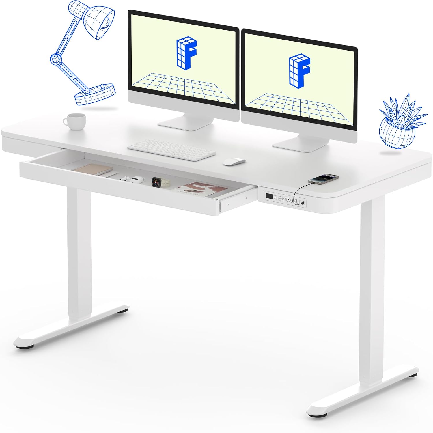 FLEXISPOT Comhar 55″ White Electric Standing Desk with Drawers, USB Charging & Storage, Quick Assembly Sit Stand Home Office Desk