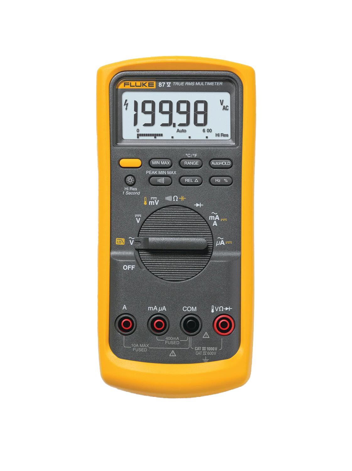 Fluke 87V Industrial Digital Multimeter, For Advanced Troubleshooting, Measures 1000 V AC/DC, Peak Min/Max, Low Pass Filter, Includes TL75 Test Leads, AC175 Alligator Clips, 80BK Temp Probe