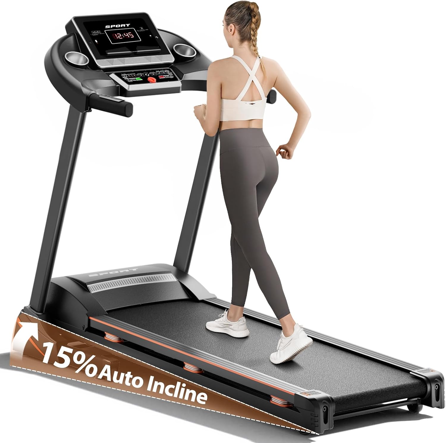 Folding Treadmill for Home – 3HP, 0–15% Auto Incline, 300 lbs Capacity, with Bluetooth & Pulse Monitor for Running & Walking