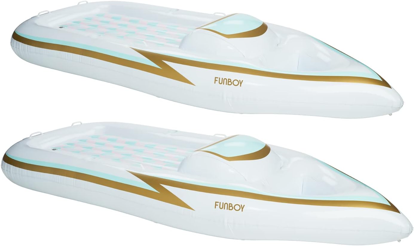 FUNBOY Giant Inflatable Yacht Speed Boat Pool Float, Two Cupholders, Bundle Pack of 2