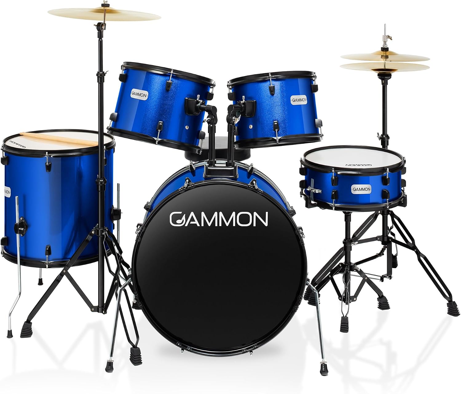 Gammon Percussion Full Size Complete Adult 5-Piece Drum Set with Cymbals, Stands, Stool, and Sticks – Blue