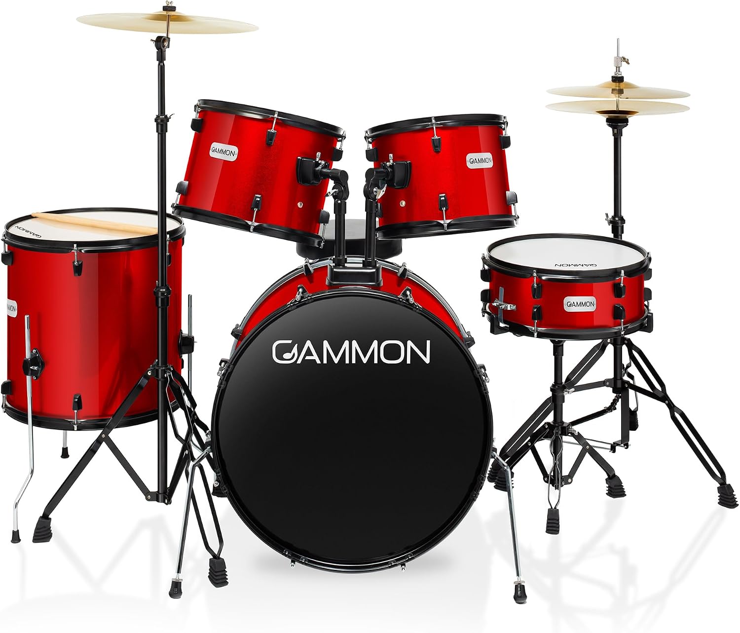 Gammon Percussion Full Size Complete Adult 5-Piece Drum Set with Cymbals, Stands, Stool, and Sticks – Red