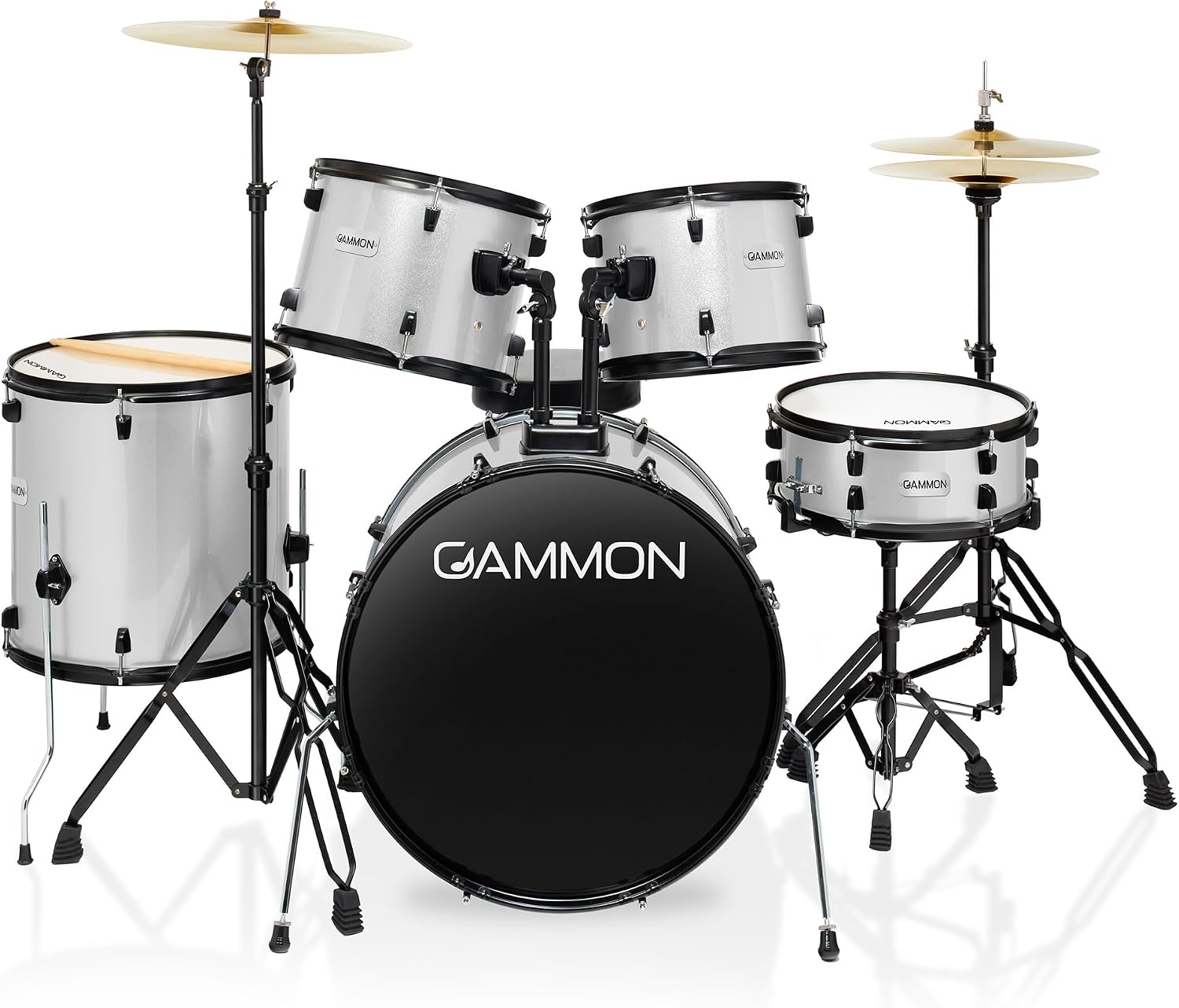 Gammon Percussion Full Size Complete Adult 5-Piece Drum Set with Cymbals, Stands, Stool, and Sticks – Silver