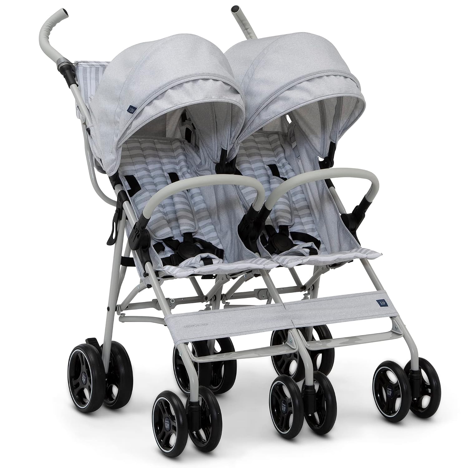 GAP babyGap Classic Side-by-Side Double Stroller – Lightweight Double Stroller with Recline, Extendable Sun Visors & Compact Fold – Grey Stripes