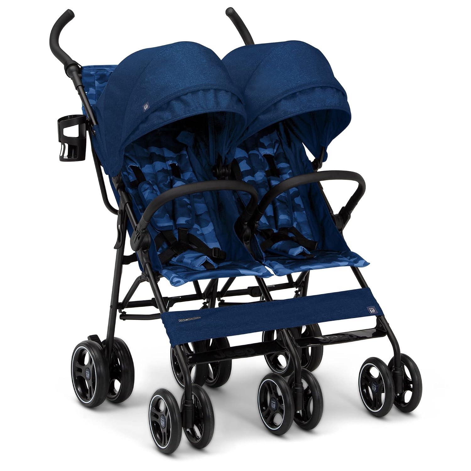 GAP babyGap Classic Side-by-Side Double Stroller – Lightweight Double Stroller with Recline, Extendable Sun Visors & Compact Fold – Navy Camo