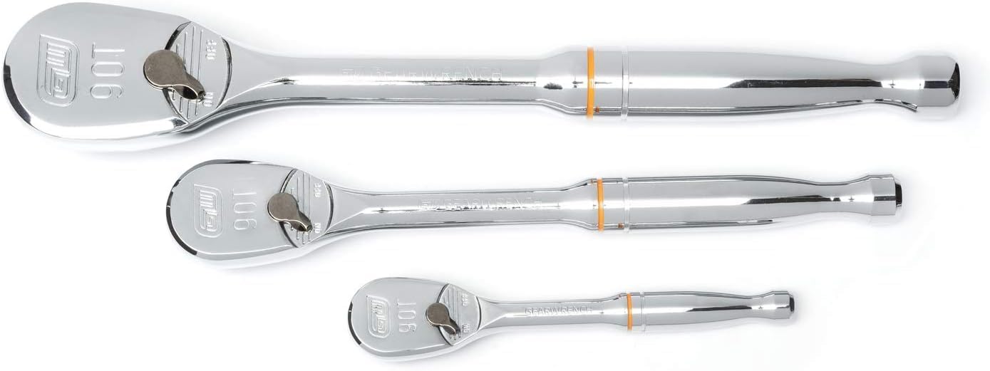 GEARWRENCH 3 Piece 1/4″, 3/8″ & 1/2″ Drive Full Polish Ratchet Set, 90 Tooth – 81206T, Multi