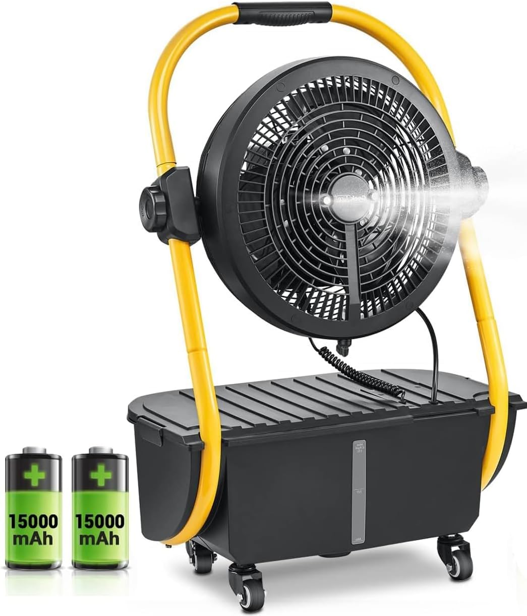 Geek Aire 30000mAh Battery Operated Misting Fan, Rechargeable Outdoor Floor Fan with 2.9 Gal Water Tank, Powered Waterproof Long-Lasting Battery Run for Patio, Garden, Lawn, Camping Gear Accessories