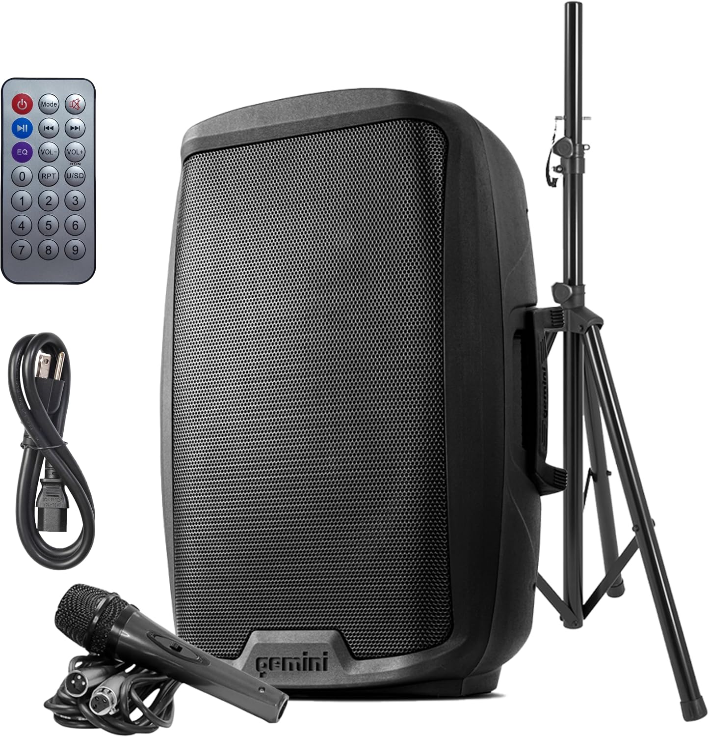 Gemini 2000W Bluetooth PA Speaker with Stand – 15” Powered Loudspeaker with USB, SD, FM, Mic Input, EQ & Tripod (AS-2115BT-PK)
