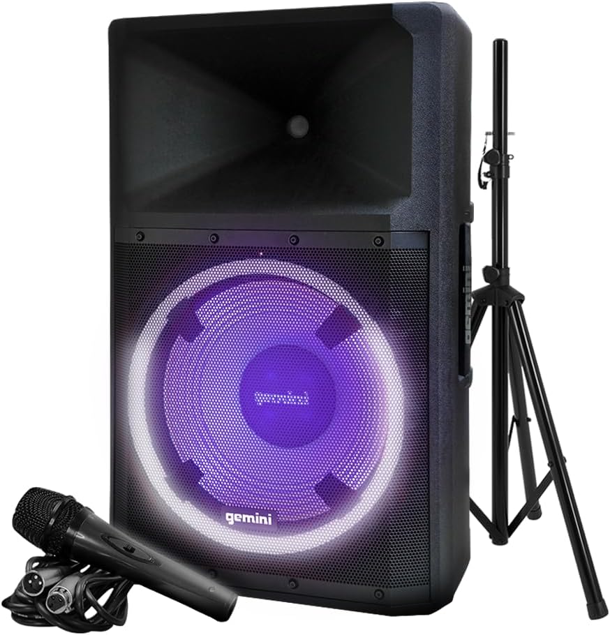 Gemini Sound GSP-L2200PK 2200W Bluetooth PA Speaker System, 15″ Woofer, TWS, LED Party Lights, Mic+Stand, DJ/Events Ready