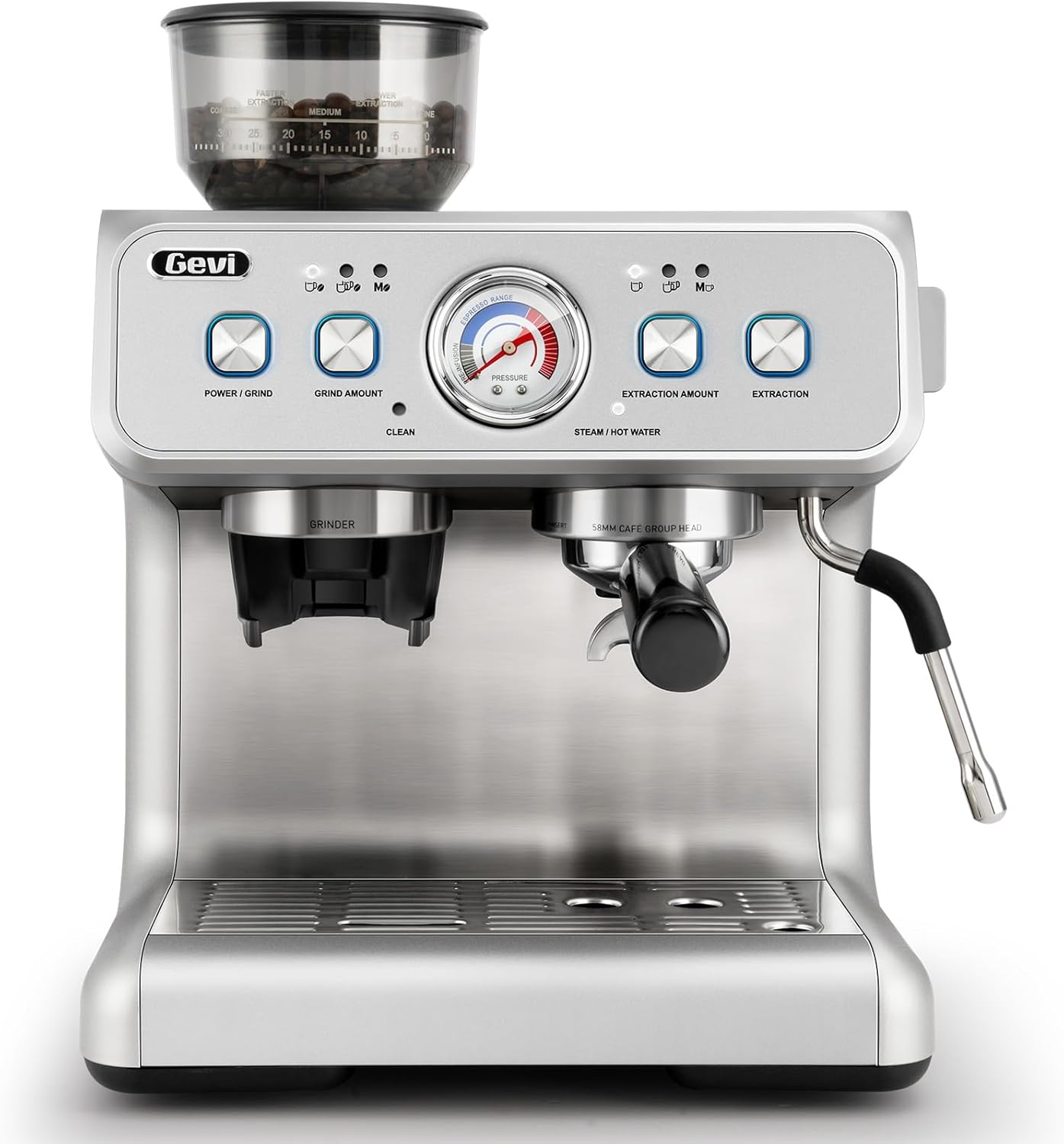 Gevi Dual Boiler Espresso Machine with Built-in Grinder, 58mm Commercial Portafilter, Barista Steam Wand, 31 Grind Settings, Sterling Silver