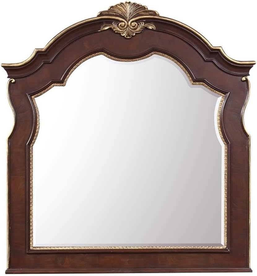 Glory Furniture Paris Traditional Wood Mirror with Carved Arched Top in Cherry