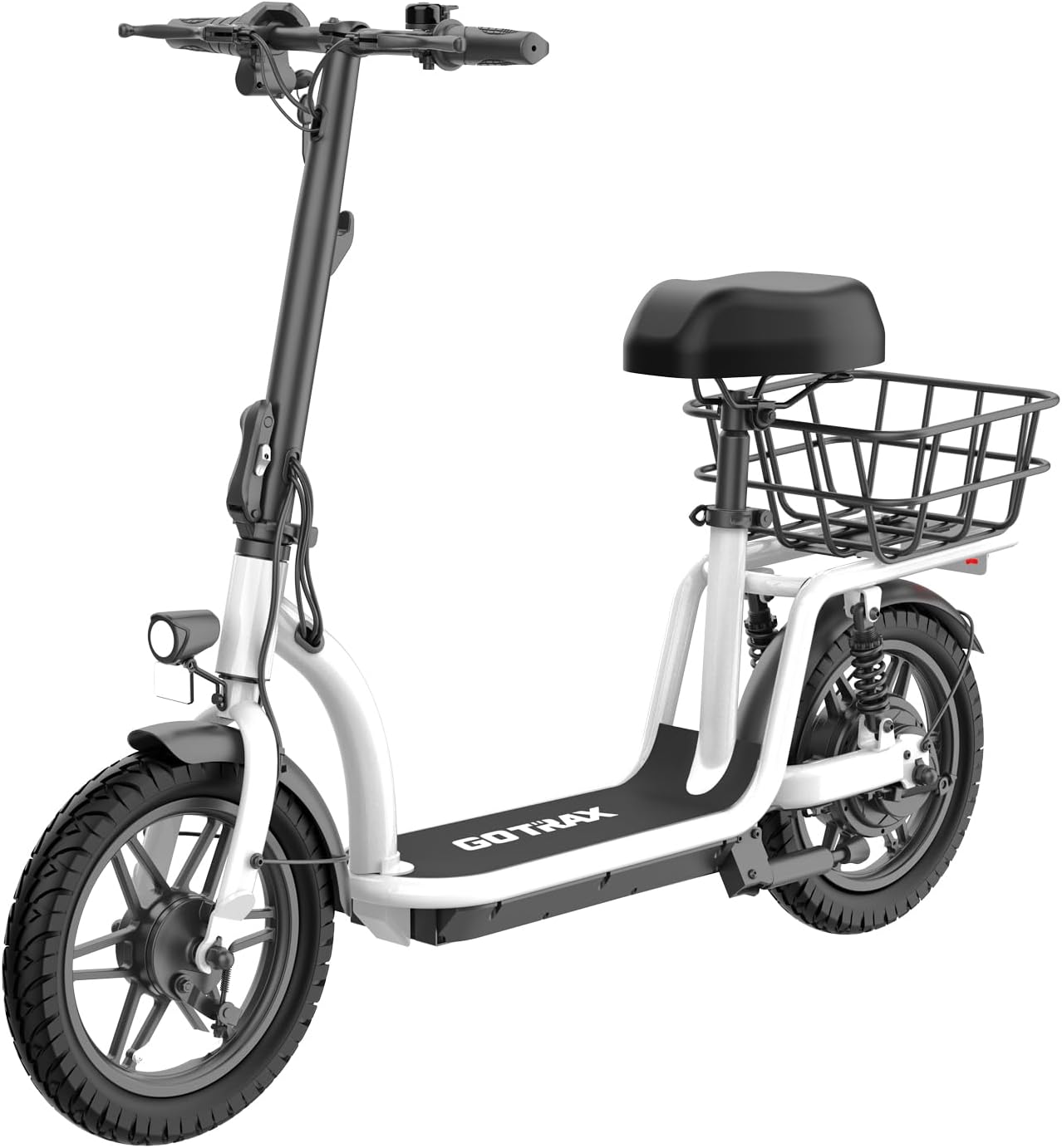 Gotrax 14″ Electric Scooter with Seat – 350W Motor, 19 Miles Range, 15.5–20MPH, All-Terrain Tires, Wide Deck, Basket – White