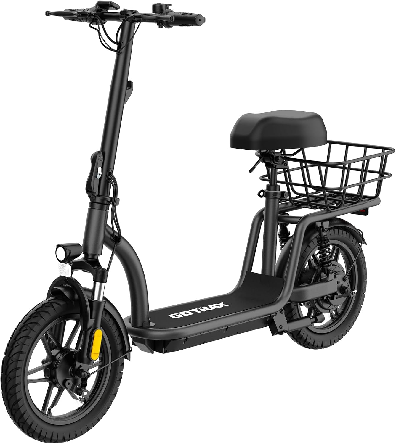 Gotrax 14″ Electric Scooter with Seat – 500W Motor, 25 Miles Range, 15.5–20MPH, All-Terrain Tires, Wide Deck, Basket – Black