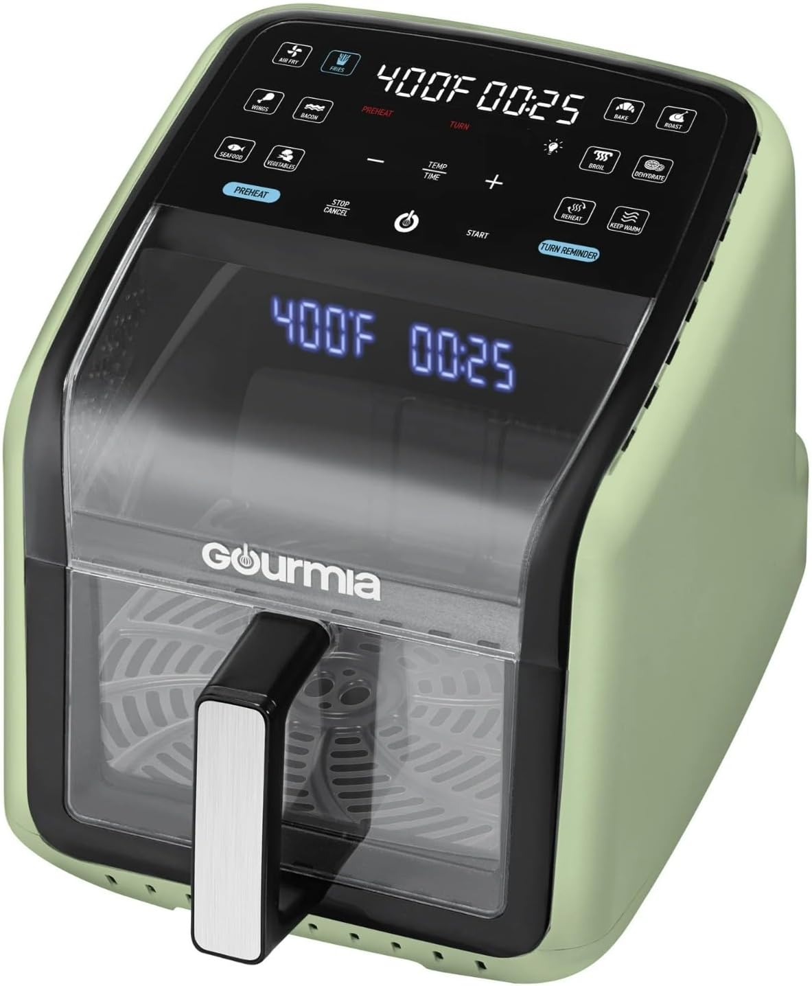Gourmia Panorama 7-QT Digital Air Fryer w/ Panoramic View, Holographic Display & 12 Presets, Green, New