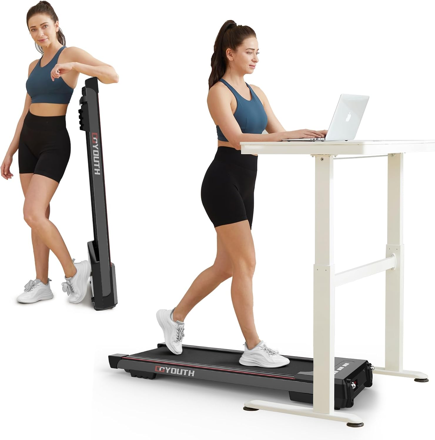 GOYOUTH 2 in 1 Under Desk Treadmill – Motorized Walking Pad with LED Display, Remote & Bluetooth Speaker for Home/Office – BLACK
