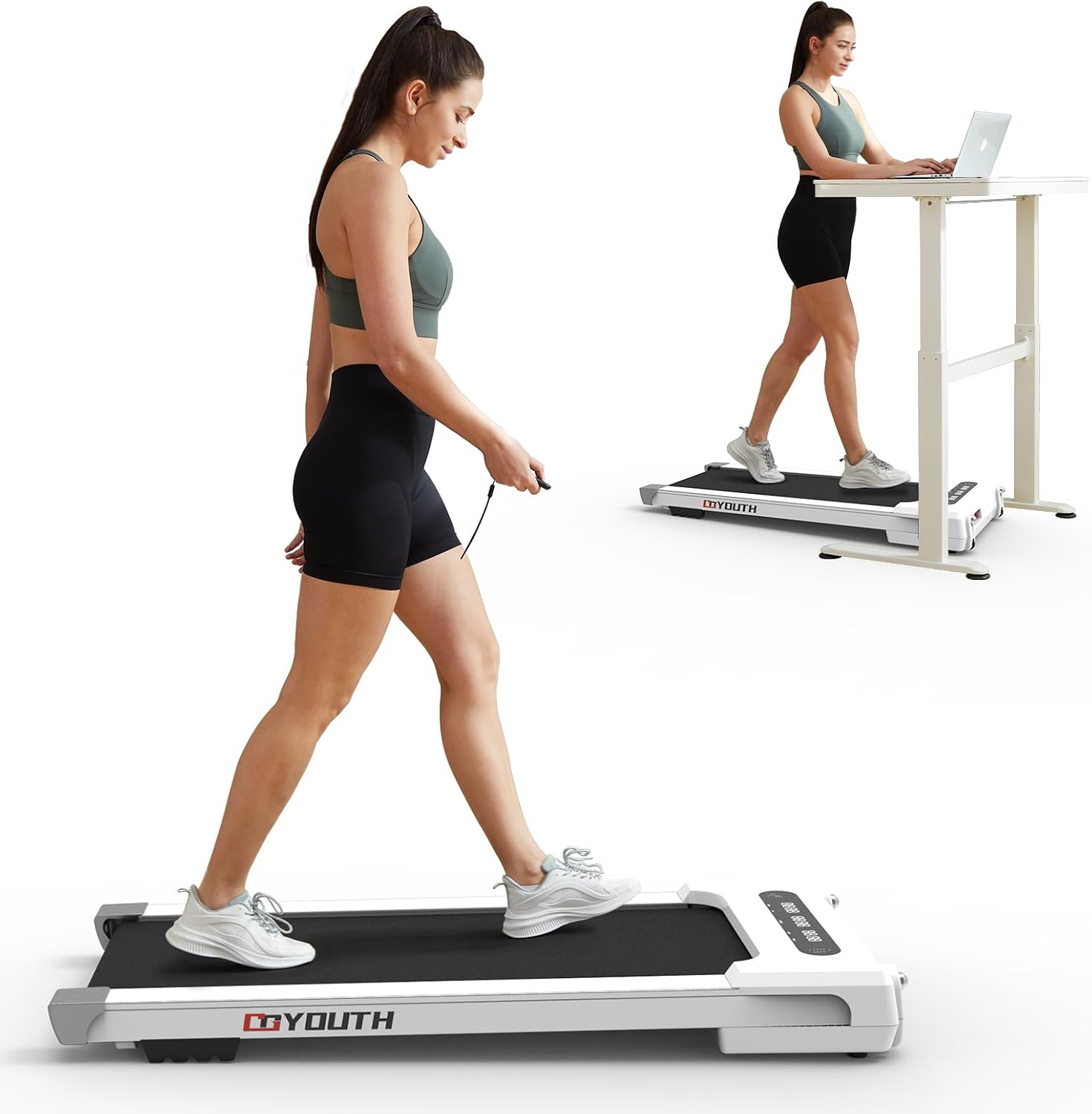 GOYOUTH 2 in 1 Under Desk Treadmill – Motorized Walking Pad with LED Display, Remote & Bluetooth Speaker for Home/Office – WHITE